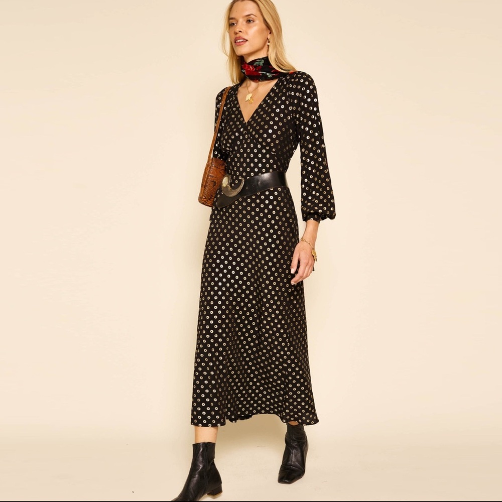 RIXO Black and Gold Maxi dress